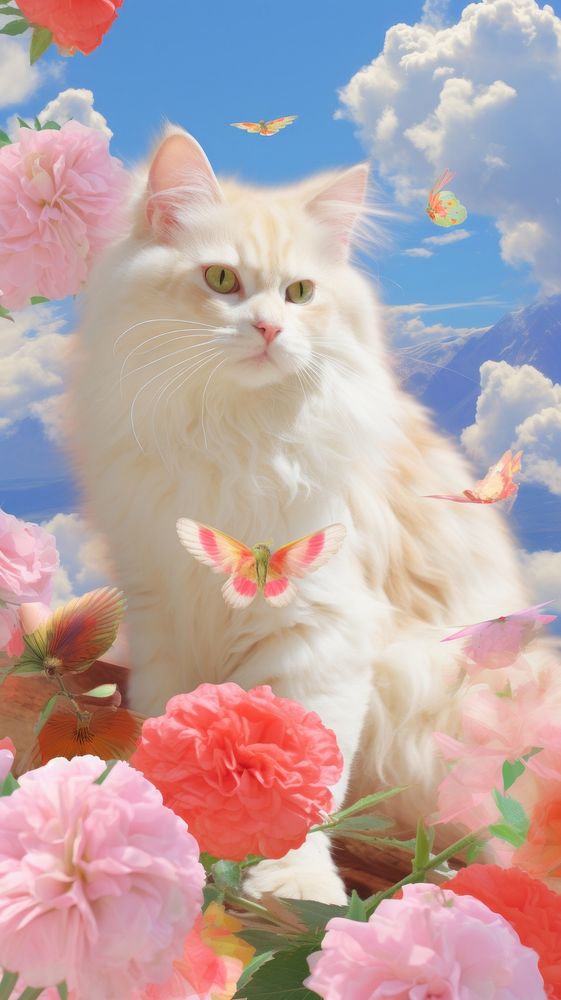 Cat with flowers and cloud outdoors animal mammal.