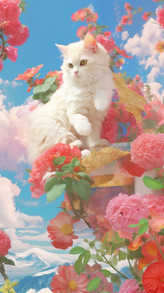 Cat with flowers and cloud painting outdoors animal.
