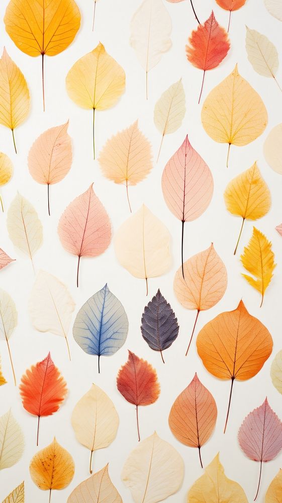 Colorful pressed leaves wallpaper backgrounds pattern texture.