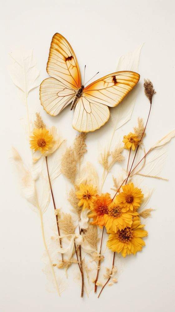 Real pressed butterfly and flowers animal insect petal.