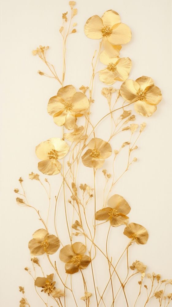 Real pressed gold flowers plant petal wall.