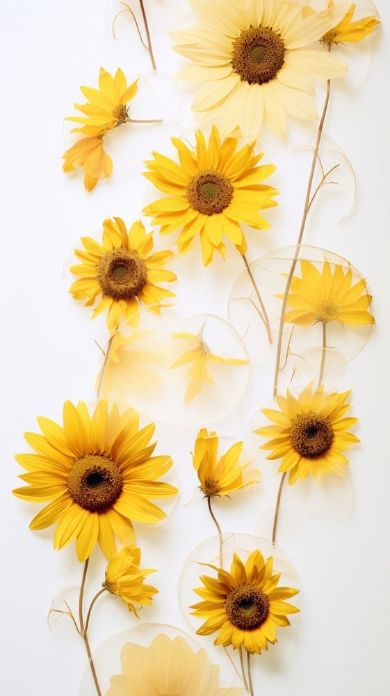 Real pressed sunflower flowers petal plant wall.