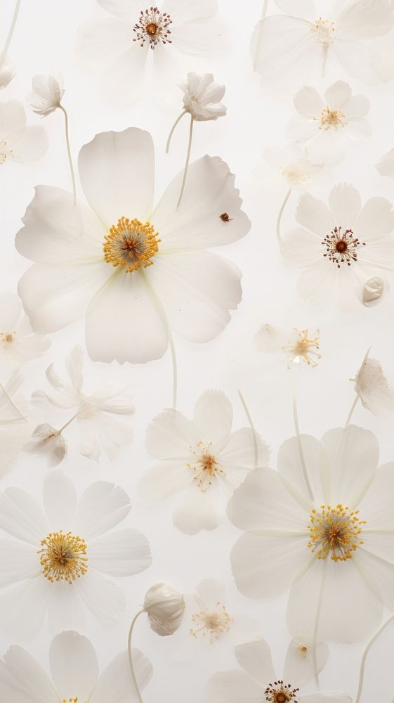 Real pressed white flowers backgrounds pattern pollen.