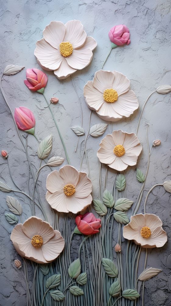Bas-relief plaster flowers field wallpaper pattern petal plant.