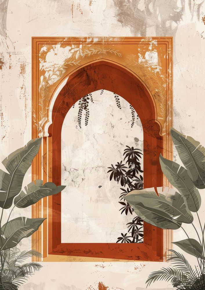 Minimal islamic arch architecture entrance painting.