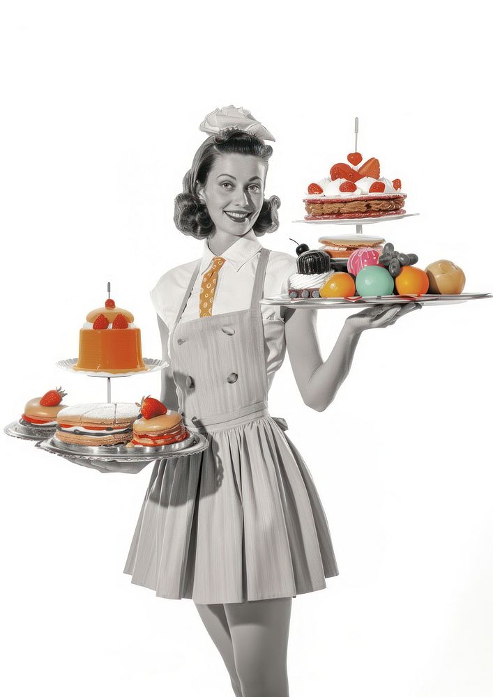 Collage of happy waitress food dessert cake.