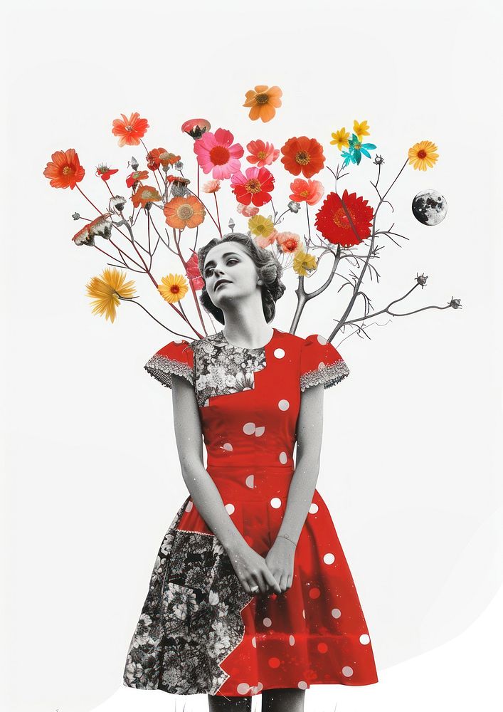 Collage of happy women flower dress portrait.