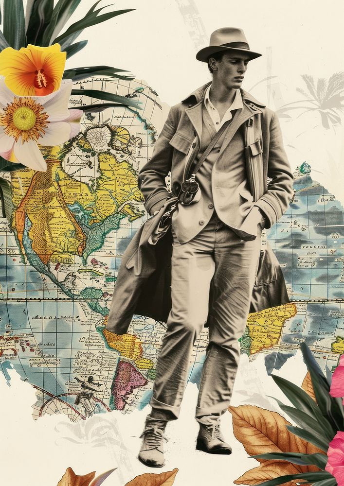 Collage of man travel footwear portrait flower.