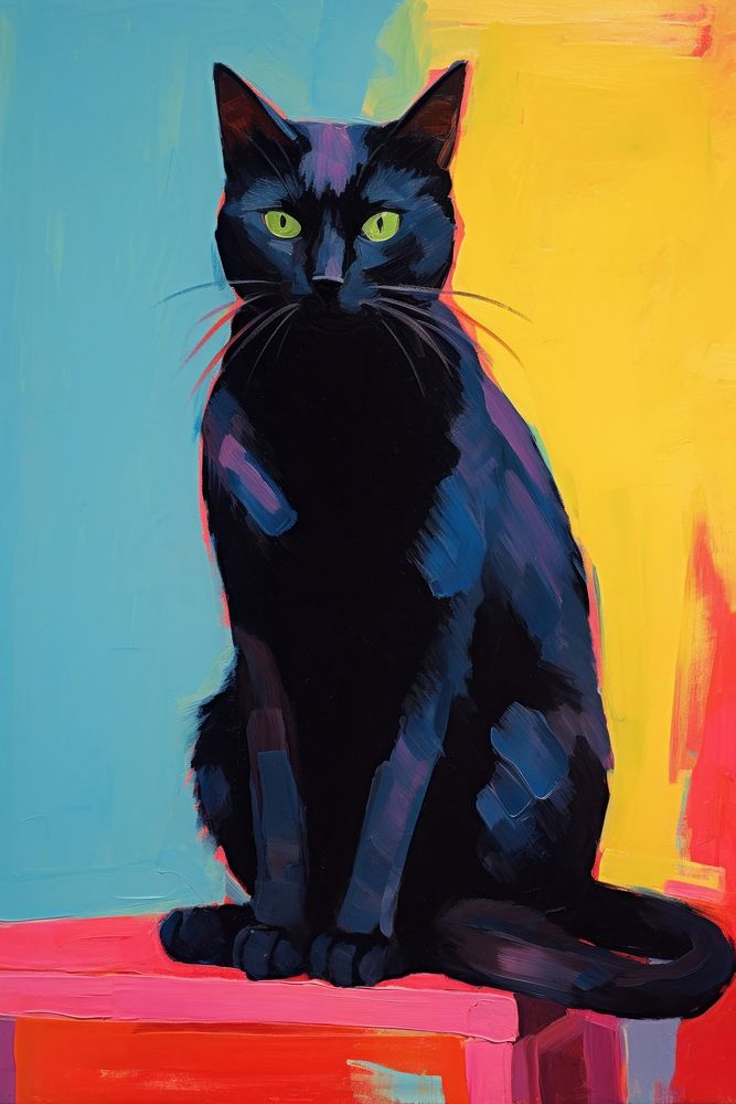 Black cat sitting painting mammal animal.