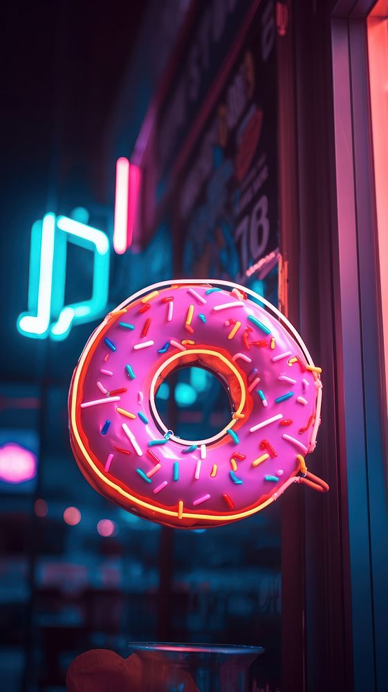Neon donut sign wallpaper light food confectionery.
