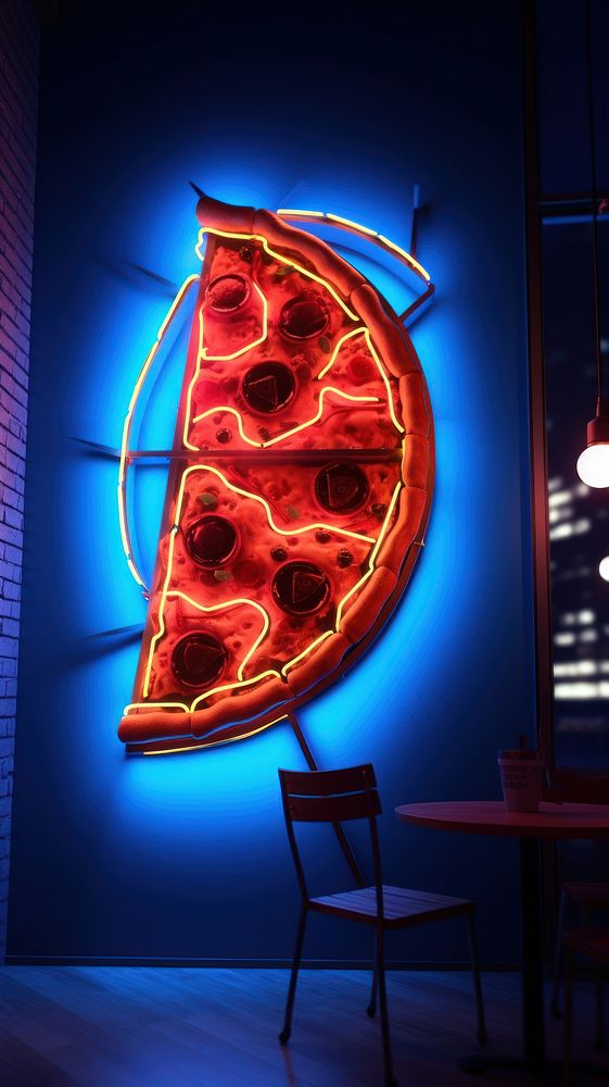 Neon pizza sign wallpaper lighting table architecture.