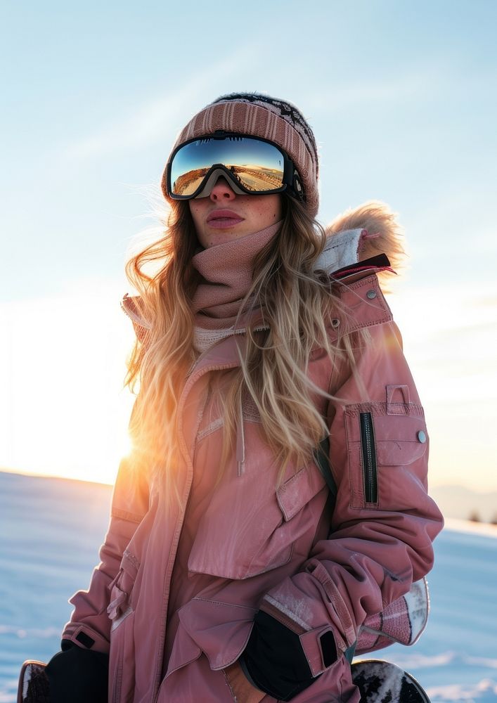 Woman standing on snowboard outdoors glasses jacket.