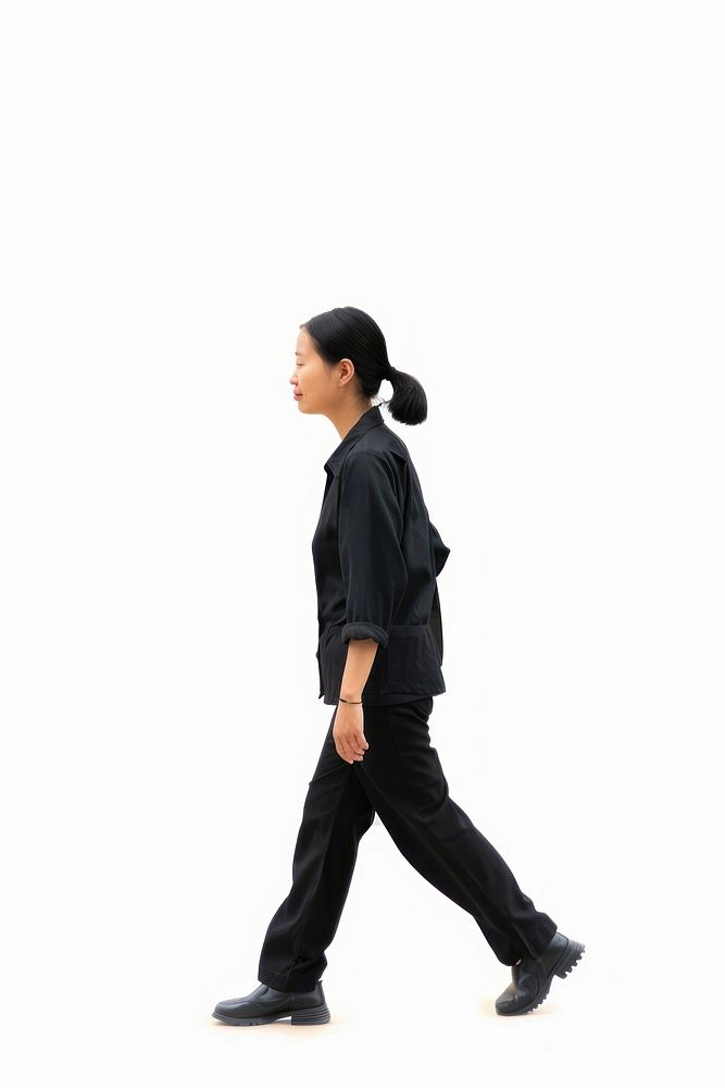 Asian woman walking standing footwear white background.