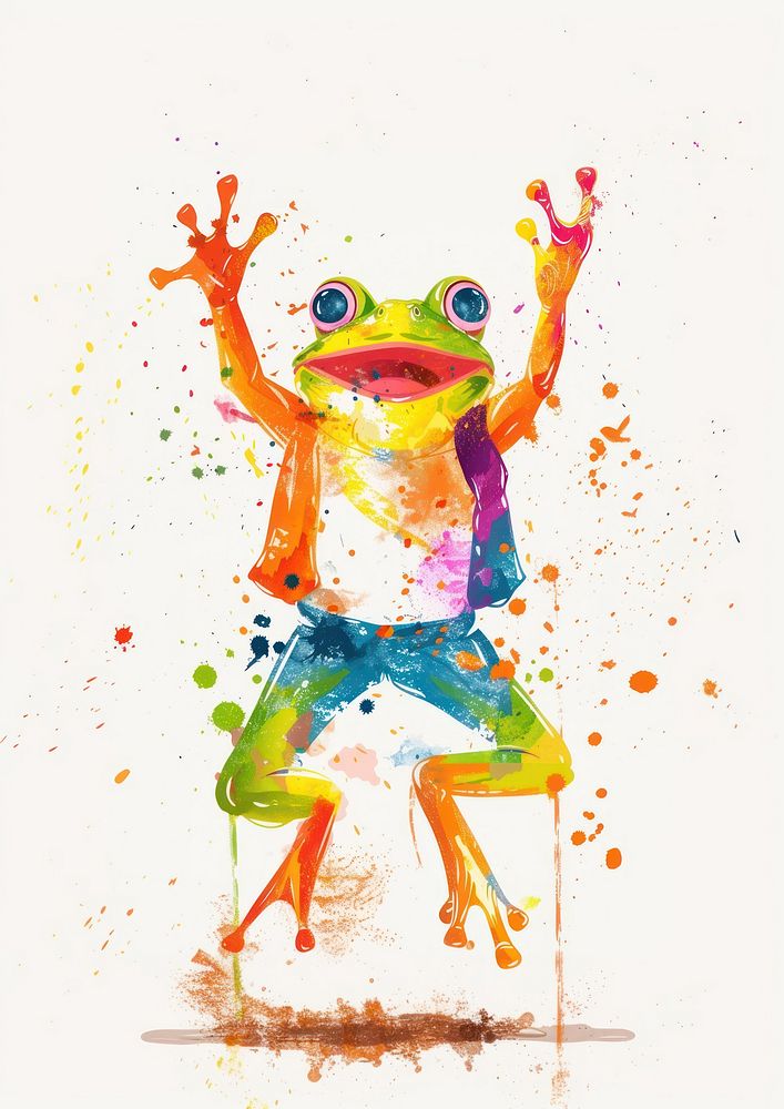 Happy frog celebrating art amphibian painting.