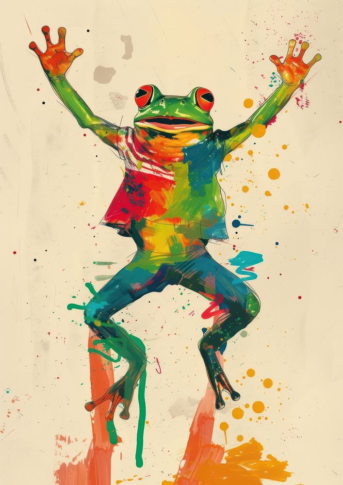 Happy frog celebrating art amphibian painting.