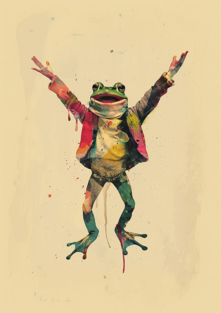 Happy frog celebrating amphibian wildlife drawing.