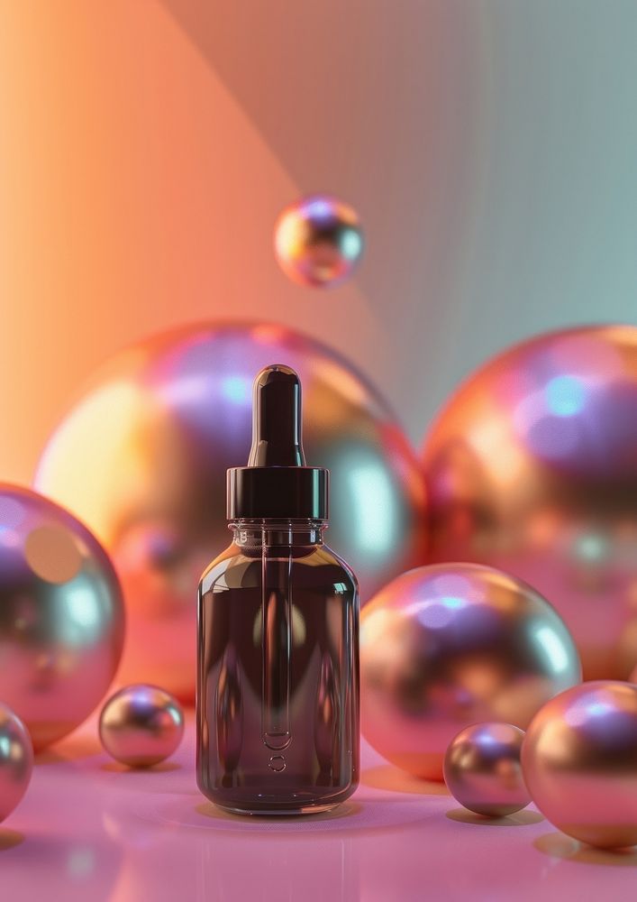 Surreal abstract style dropper bottles cosmetics perfume glass.
