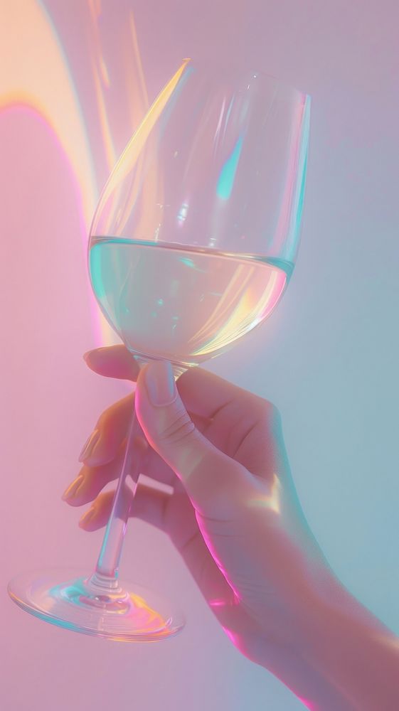 Hand holding wine glass drink blue pink.