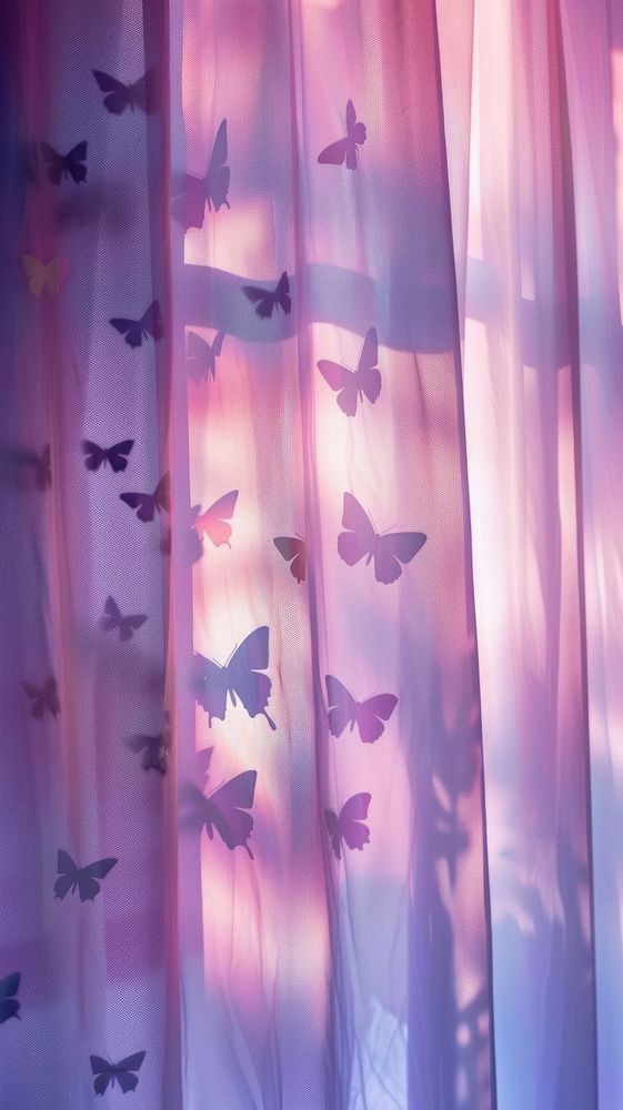Shadow of butterfly under the curtain purple pink backgrounds.