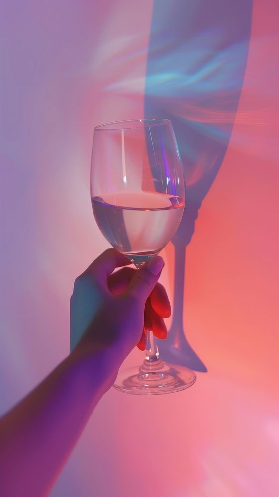 Hand holding wine glass purple pink red.