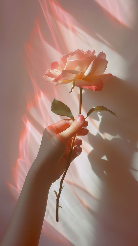 Hand holding rose flower finger petal.