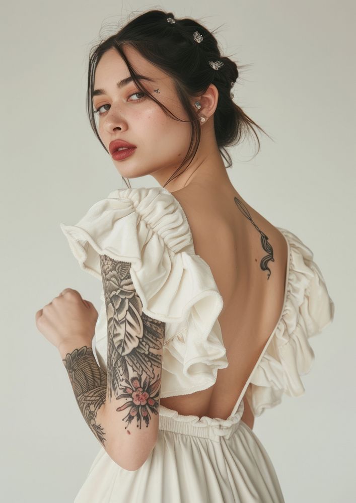 Minimal blank velvet dress tattoo portrait fashion.