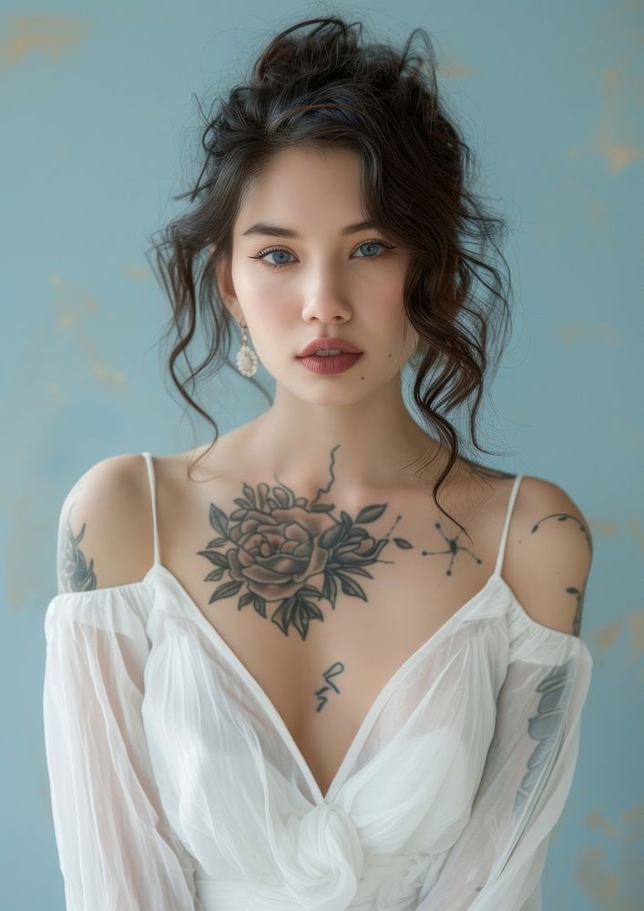 Minimal blank wedding dress tattoo portrait fashion.