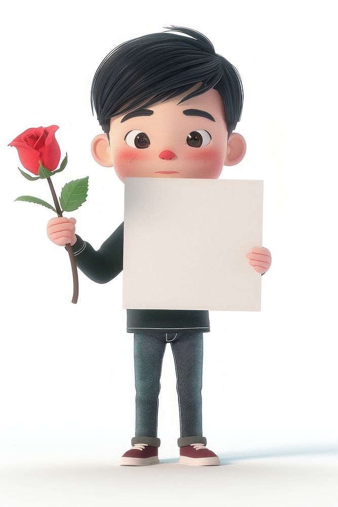 Confessing boy holding board rose standing flower.