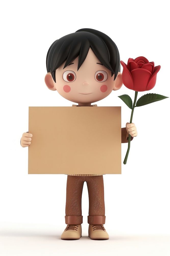 Confessing boy holding board rose standing flower.