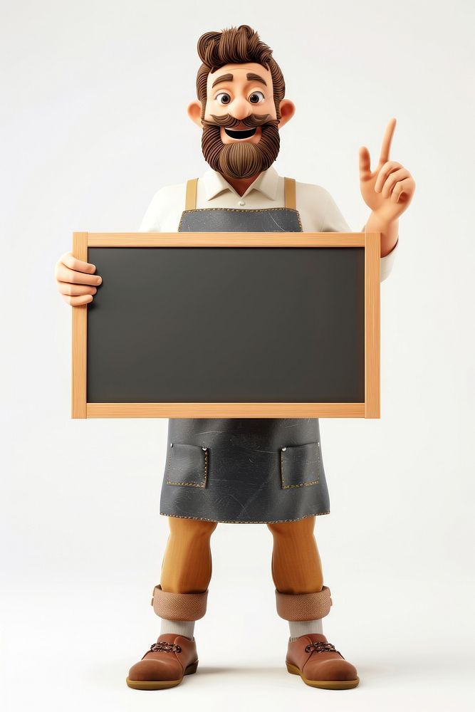 Happy man holding board blackboard standing portrait.