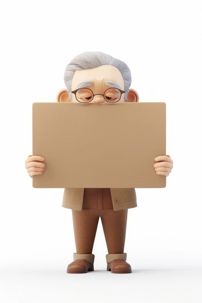 Sad old holding board cardboard person white background.