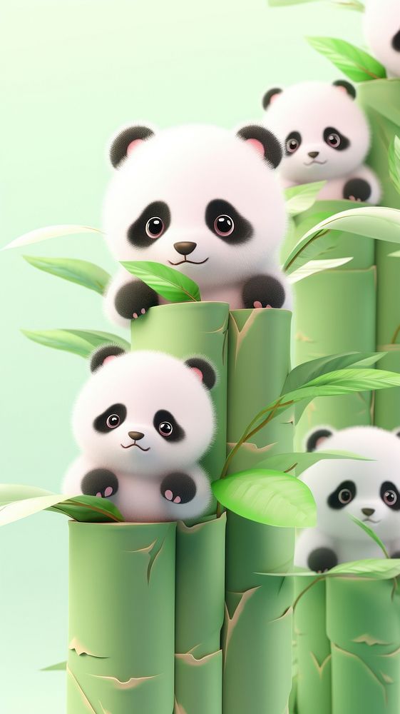 Baby panda with bamboo wildlife cartoon animal.