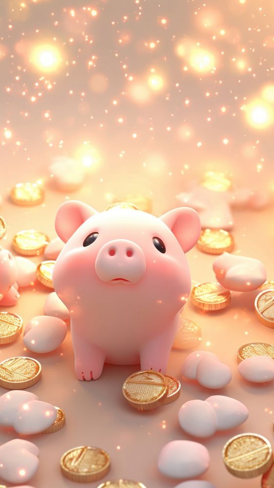 Piggy with gold coin cartoon celebration investment.