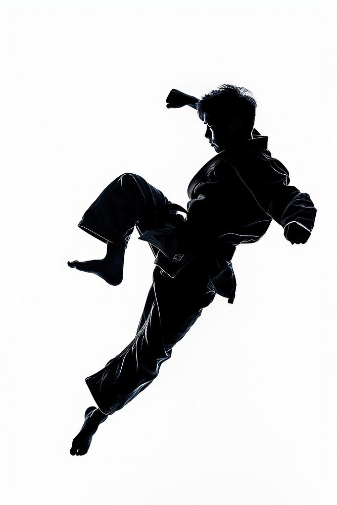 Boy judo fighter high kick silhouette sports adult white background.