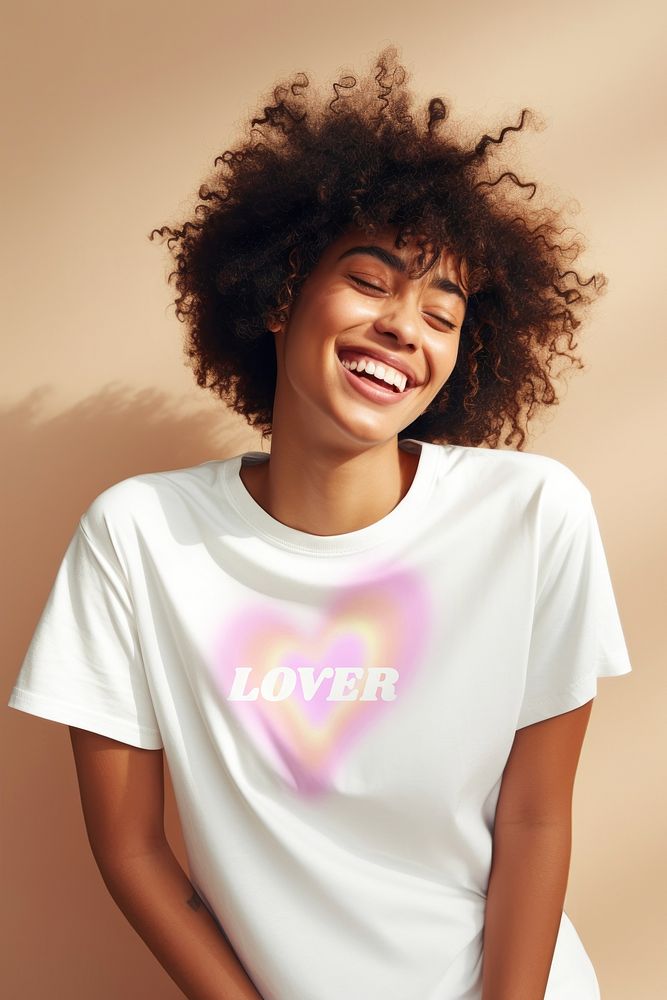 Happy African American woman in white t-shirt