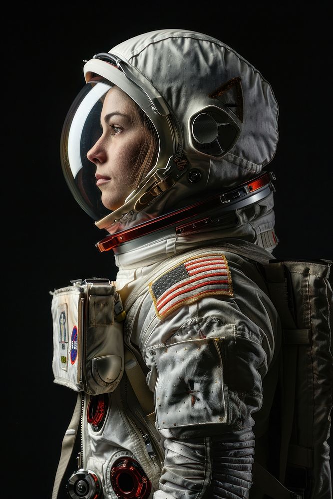 Young female astronaut with spacesuit protection portrait headwear.