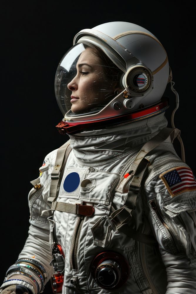 Young female astronaut with spacesuit helmet protection portrait.