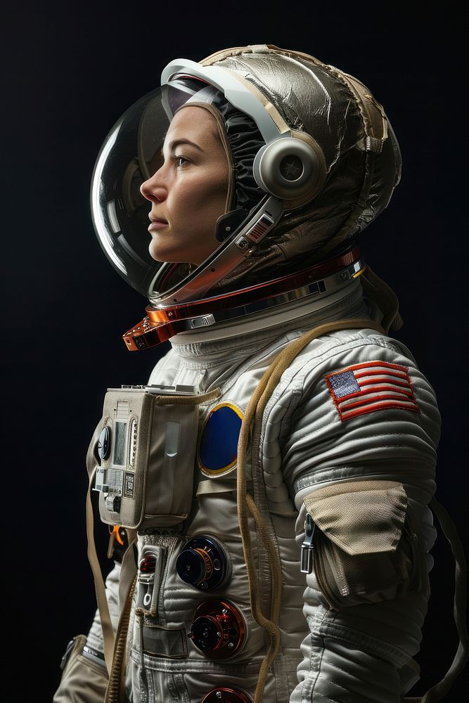 Young female astronaut with spacesuit helmet adult accessories.