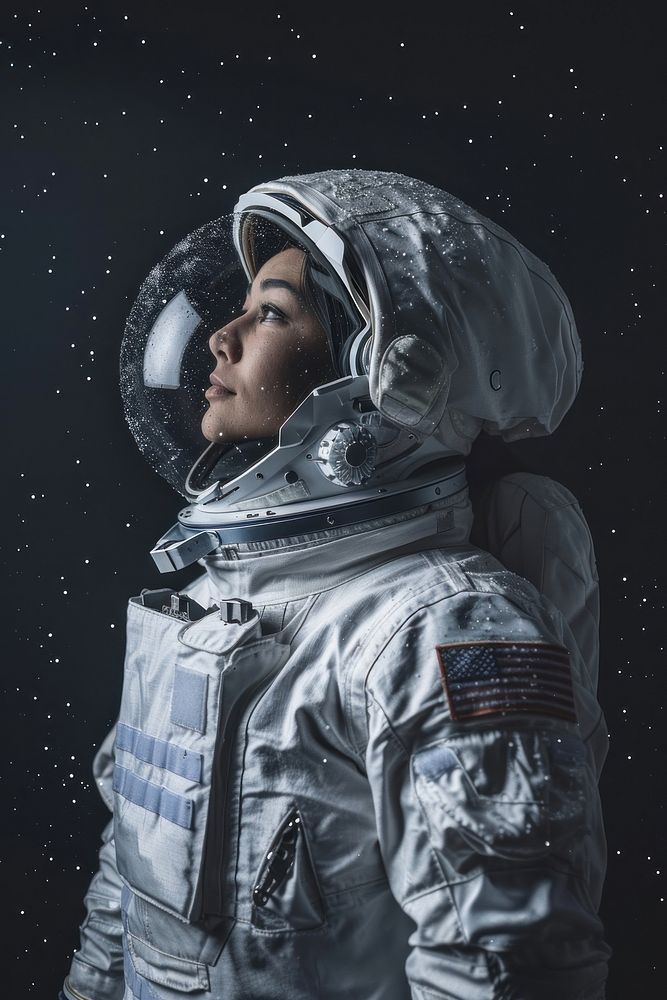 Young female astronaut with spacesuit astronomy exploration protection.