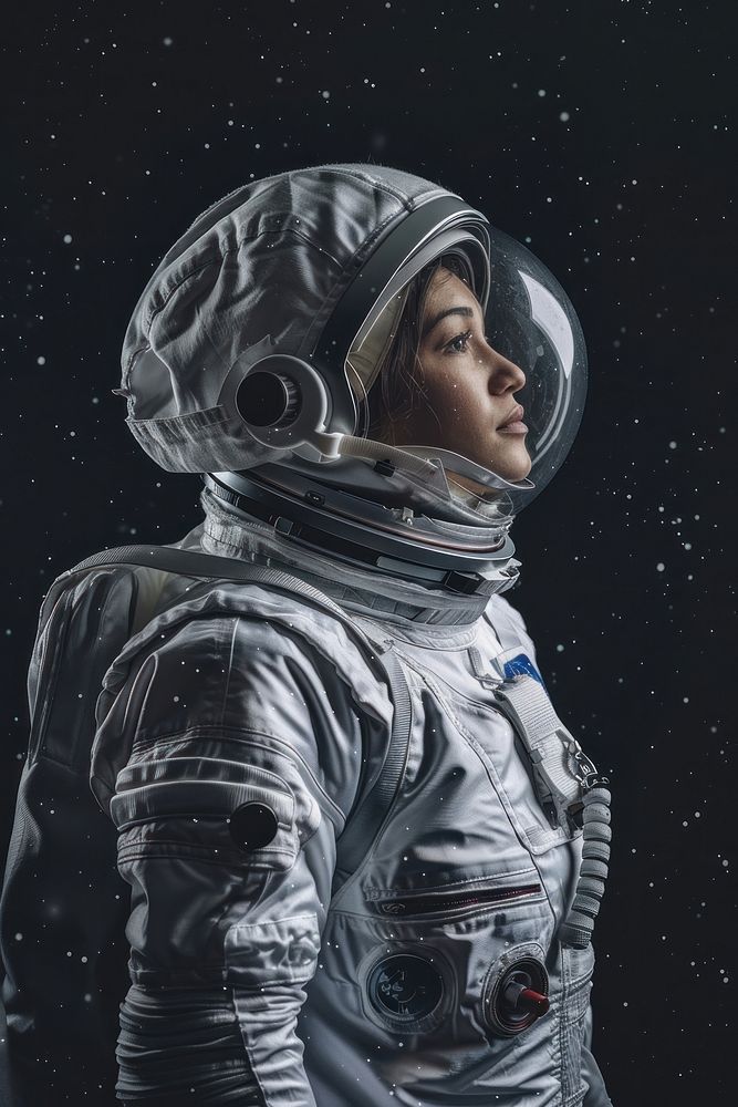 Young female astronaut with spacesuit portrait darkness headwear.