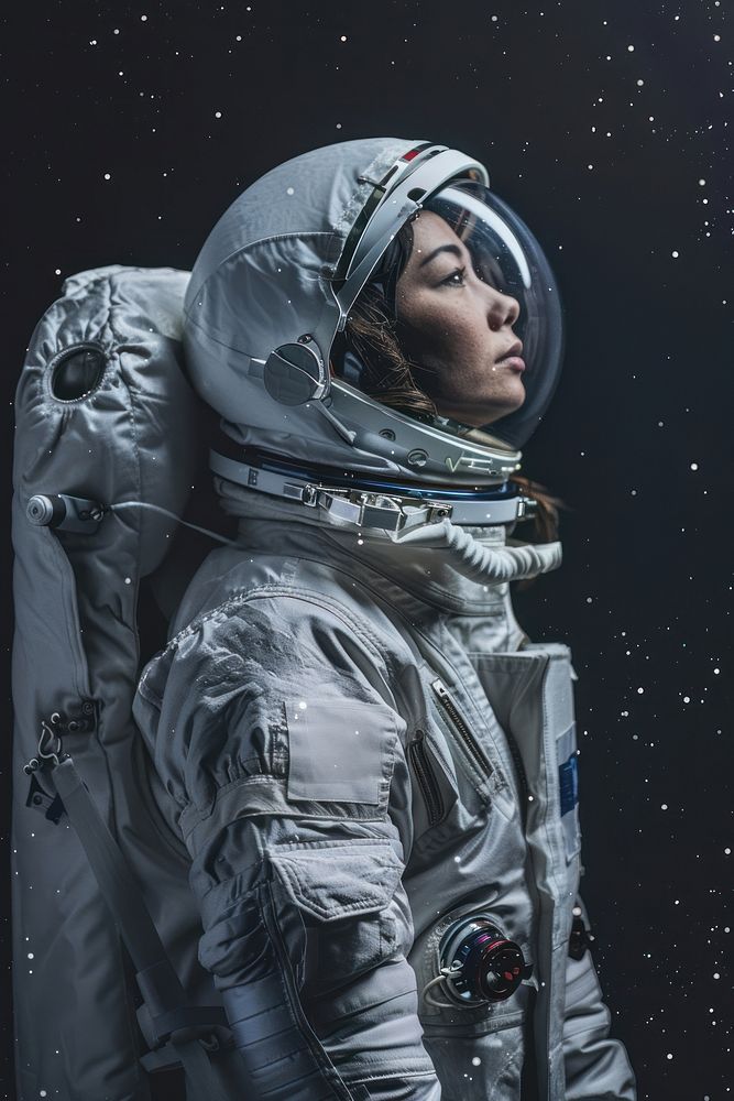 Young female astronaut with spacesuit adult astronomy portrait.
