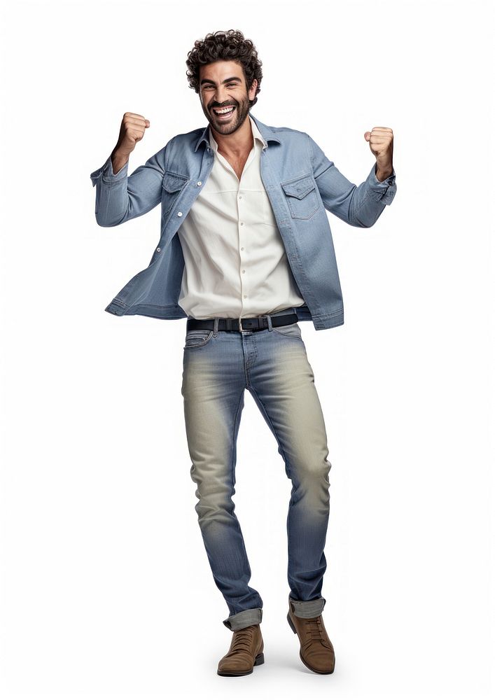 Happy man fist posing footwear jacket jeans.