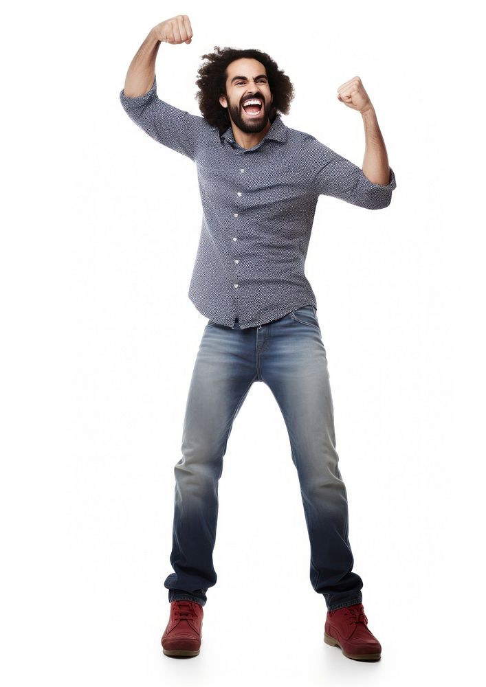 Happy man fist posing shouting adult white background.