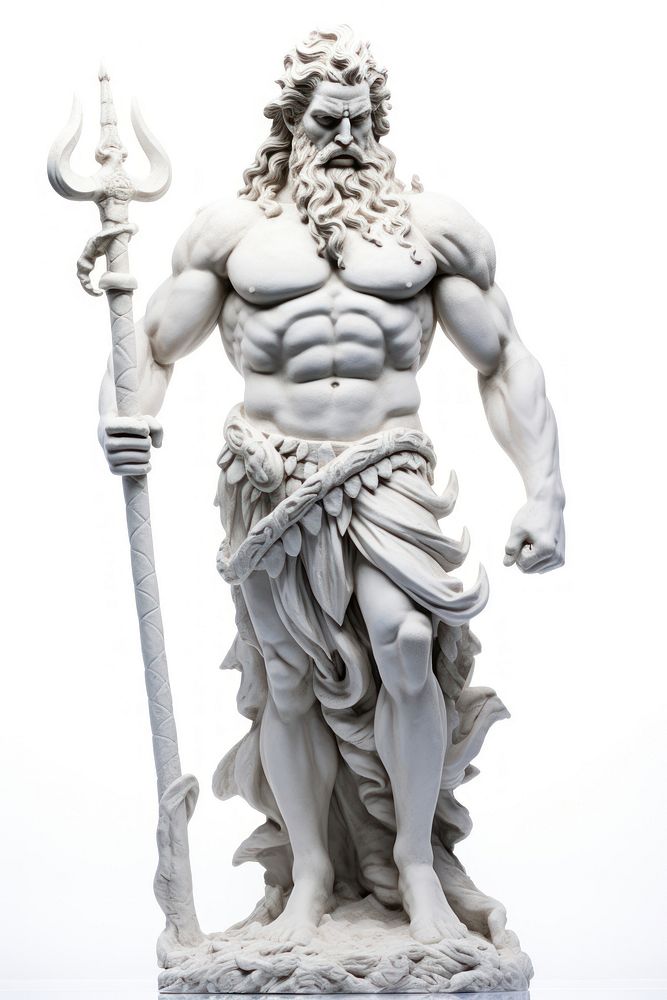 White poseidon statue sculpture white background representation.