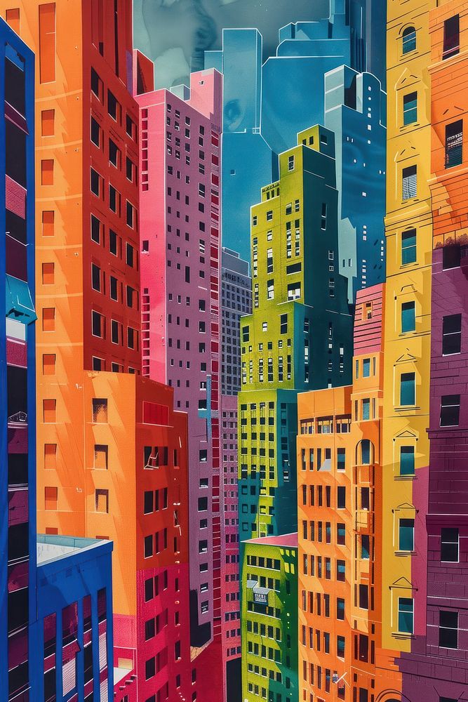 The buildings are brightly coloured architecture cityscape art.