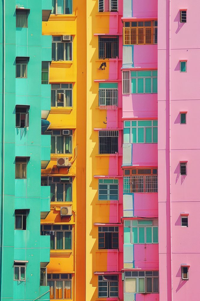 The buildings are brightly coloured architecture window city.