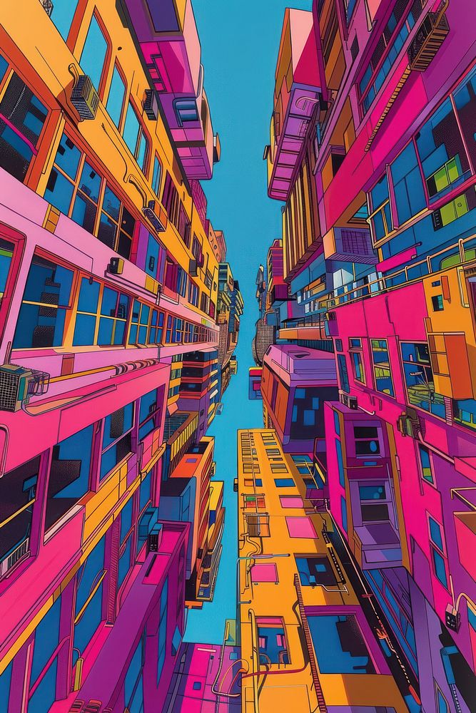 The buildings are brightly coloured architecture purple city.