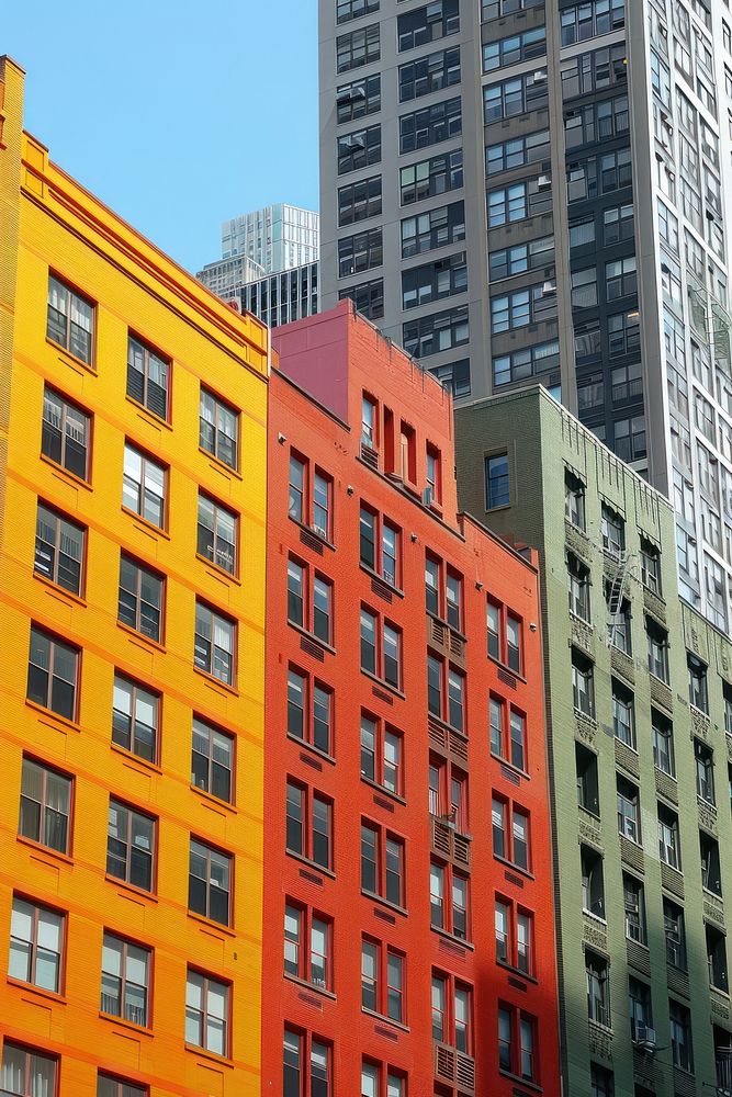 The buildings are brightly coloured architecture cityscape neighbourhood.