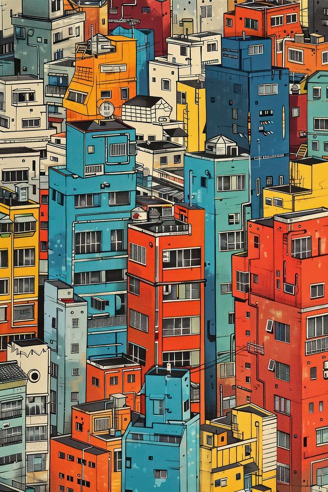 The buildings are brightly coloured architecture metropolis cityscape.
