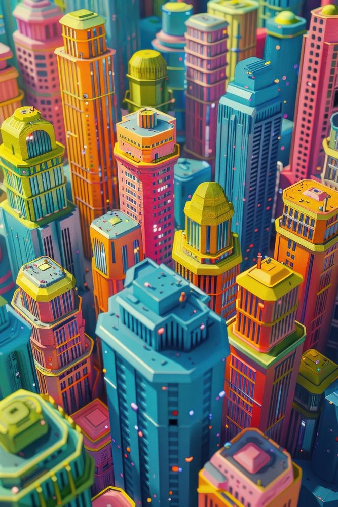 The buildings are brightly coloured outdoors city toy.